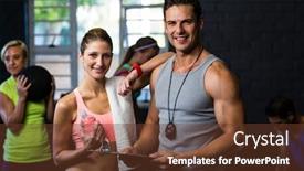  Presentation with trainer - PPT layouts with portrait of smiling woman with male trainer in fitness studio background and a tawny brown colored foreground