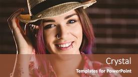  Presentation with brick wall - Presentation featuring portrait of smiling woman in hat against brick wall background and a tawny brown colored foreground
