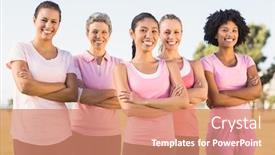  Presentation with breast cancer - Cool new PPT layouts with portrait of smiling women wearing pink for breast cancer with arms crossed in parkland backdrop and a coral colored foreground
