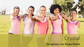  Presentation with breast cancer - Colorful presentation design enhanced with portrait of smiling women wearing pink for breast cancer and doing thumbs up in parkland backdrop and a yellow colored foreground