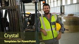  Presentation with forklift - Slide deck with portrait of smiling worker leaning background and a tawny brown colored foreground