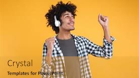  Presentation with african music - Audience pleasing theme consisting of portrait of smiling young african man enjoys listening to music with headphones isolated over orange background backdrop and a gold colored foreground