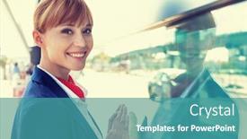  Presentation with flight attendant - Audience pleasing PPT theme consisting of portrait-of-smiling-young-attractive backdrop and a teal colored foreground