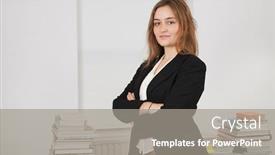  Presentation with public health stack of books - Beautiful presentation theme featuring portrait-of-smiling-young-businesswoman backdrop and a gray colored foreground
