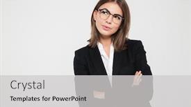  Presentation with space suit - PPT layouts enhanced with portrait of smiling young businesswoman in suit standing with arms folded and looking away at copy space isolated over white background background and a light gray colored foreground