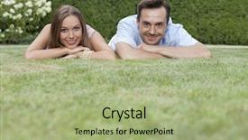  Presentation with relaxing - Presentation theme with portrait of smiling young couple relaxing on grass in park background and a mint green colored foreground