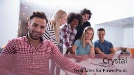  Presentation with economics informal sector - Slide deck enhanced with portrait of smiling young informal background and a violet colored foreground