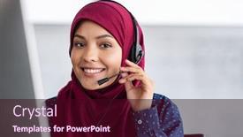 Presentation with call center - Slides enhanced with portrait-of-smiling-young-islamic background and a wine colored foreground
