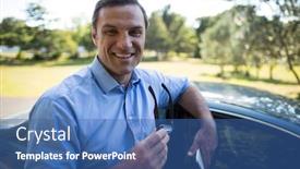  Presentation with man holding phone - Slides enhanced with portrait-of-smiling-young-man background and a ocean colored foreground