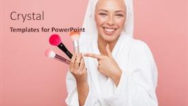  Presentation with brushes makeup - Presentation design having portrait of smiling young woman wrapped in white towel after shower applying cosmetics with makeup brushes isolated over pink background background and a lemonade colored foreground