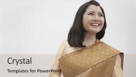  Presentation with traditional musical instruments word - Slide set enhanced with portrait of smiling young woman in traditional clothing from laos background and a coral colored foreground