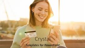  Presentation with credit card - Beautiful presentation theme featuring portrait-of-smiling-young-woman backdrop and a yellow colored foreground