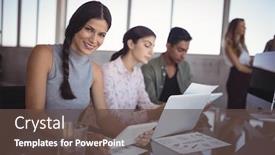  Presentation with woman office desk - Presentation having portrait-of-smiling-young-woman background and a tawny brown colored foreground