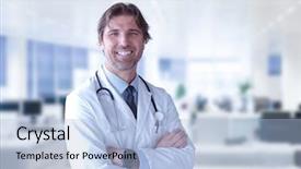  Presentation with recall medicine - Presentation design enhanced with portrait of smilling senior doctor background and a light blue colored foreground