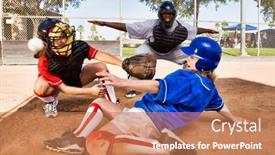  Presentation with softball - Colorful slide set enhanced with portrait-of-softball-player-sliding backdrop and a coral colored foreground