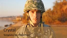 Presentation with futuristic combat soldier - Slide deck enhanced with portrait of soldier in camouflage background and a gold colored foreground