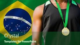  Presentation with medal - Amazing presentation having portrait of sportsman chest with a medal against digitally generated brazilian national flag backdrop and a forest green colored foreground