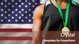  Presentation with medal - Beautiful presentation theme featuring portrait of sportsman chest with a medal against digitally generated american national flag backdrop and a tawny brown colored foreground