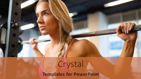  Presentation with barbell - PPT theme featuring portrait of sporty blonde standing with barbell on shoulders in gym background and a red colored foreground