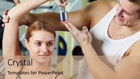  Presentation with exercise trainer - Presentation theme having portrait of sporty woman doing exercise with dumbbell and her trainer supporting background and a coral colored foreground