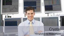  Presentation with stock share - Colorful presentation enhanced with portrait of stock trader backdrop and a light gray colored foreground
