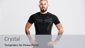  Presentation with standing strong - Slides consisting of portrait of strong bearded man in black sportswear standing with hands on waist in studio isolated over white background background and a light gray colored foreground