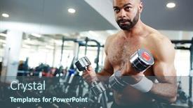  Presentation with strong - PPT layouts having portrait of strong muscular man pumping muscles working out with weights in modern gym with copy space background and a ocean colored foreground