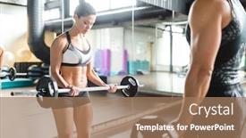  Presentation with weightlifting barbell - Audience pleasing PPT theme consisting of portrait of strong muscular woman doing weightlifting exercise with barbell in gym helped by personal instructor backdrop and a coral colored foreground