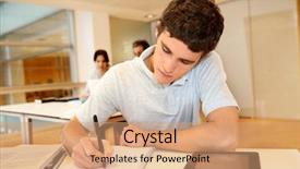  Presentation with student writing - Audience pleasing PPT theme consisting of portrait of student boy writing backdrop and a coral colored foreground