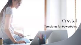  Presentation with student - Colorful presentation design enhanced with portrait of student girl working backdrop and a pink colored foreground