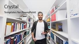  Presentation with archive management - Amazing slide deck having portrait of student in school library with tablet computer database and archive management business concept backdrop and a light gray colored foreground