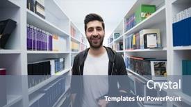  Presentation with archive management - Presentation design enhanced with portrait of student in school library with tablet computer database and archive management business concept background and a gray colored foreground