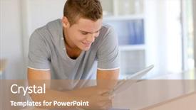  Presentation with electronic - Presentation featuring portrait of student using electronic tablet background and a coral colored foreground