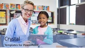  Presentation with teacher - Cool new PPT layouts with portrait of student with teacher backdrop and a light blue colored foreground