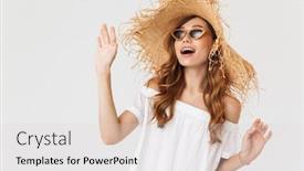  Presentation with straw - Beautiful PPT theme featuring portrait of stylish content girl 20s wearing big straw hat and sunglasses looking at copyspace isolated over white background backdrop and a light gray colored foreground