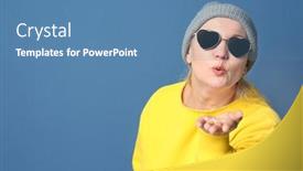  Presentation with pensioner - Beautiful PPT theme featuring portrait of stylish female pensioner on color background backdrop and a teal colored foreground