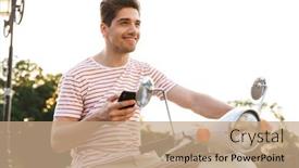  Presentation with man holding phone - Colorful slides enhanced with portrait of stylish man 20s sitting on scooter in city street and holding mobile phone backdrop and a coral colored foreground