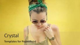  Presentation with stylish peacock feather - Audience pleasing slides consisting of portrait of stylish young woman backdrop and a  colored foreground