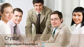  Presentation with standing sitting - Slides with portrait of successful boss standing by his business team sitting around table near background and a coral colored foreground