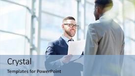  Presentation with african american in computer business - Presentation design consisting of portrait of successful businesman smiling background and a light blue colored foreground