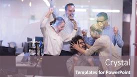  Presentation with entrepreneur - PPT theme enhanced with portrait of successful business people entrepreneur at busy startup office background and a gray colored foreground