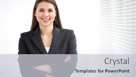  Presentation with woman business - PPT theme having portrait-of-successful-business-woman background and a light gray colored foreground