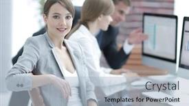  Presentation with business women - Cool new theme with portrait of successful business women in the workplace backdrop and a light blue colored foreground