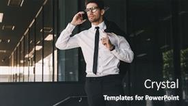  Presentation with formal jacket - PPT layouts featuring portrait of successful businessman dressed in formal suit standing outside glass building with jacket over his shoulder and talking on cell phone background and a dark gray colored foreground