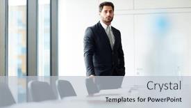  Presentation with conference table - Cool new PPT theme with portrait of successful businessman standing by table in conference room and looking at camera copy space backdrop and a lemonade colored foreground