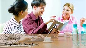  Presentation with successful plans - Beautiful presentation theme featuring portrait of successful businesspeople sitting at the table in the office and discussing business ideas and plans together backdrop and a coral colored foreground