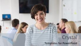  Presentation with entrepreneur - Presentation theme consisting of portrait of successful businesswoman entrepreneur at busy startup office background and a light gray colored foreground