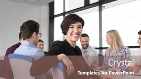  Presentation with entrepreneur - Theme consisting of portrait of successful businesswoman entrepreneur at busy startup office background and a violet colored foreground