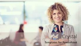  Presentation with developer - Cool new slide deck with portrait of successful female software developer with a curly hairstyle at modern startup office backdrop and a mint green colored foreground