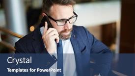  Presentation with railing - Slide set enhanced with portrait of successful mature businessman wearing elegant formal suit and glasses leaning on railing in office building while making phone call background and a ocean colored foreground